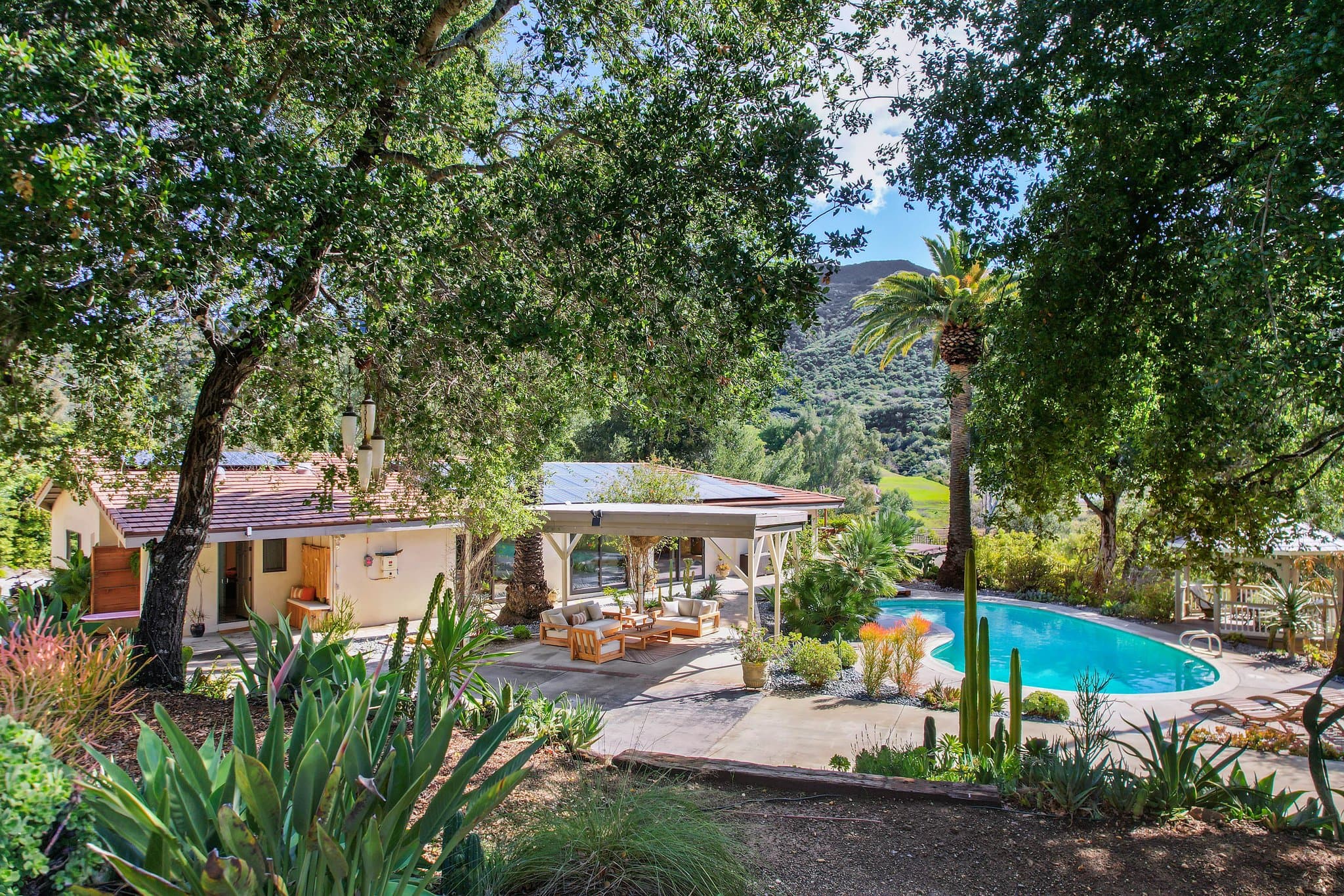 The estate and pool seen through a canopy of old-growth oaks